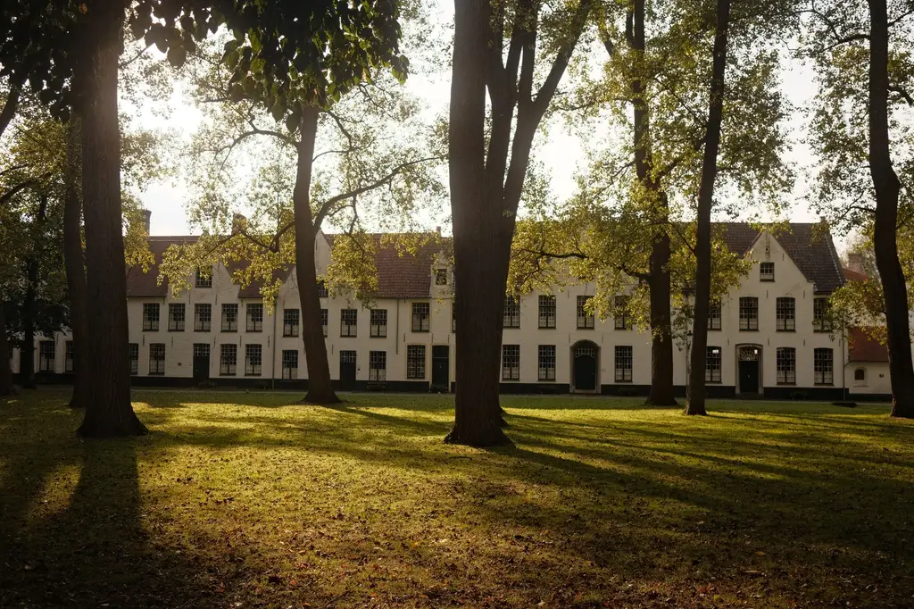 Scenic view of trees and historic buildings in a serene courtyard in Bruges.