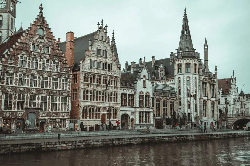 Beautiful traditional buildings on the waterfront in Ghent, Belgium.