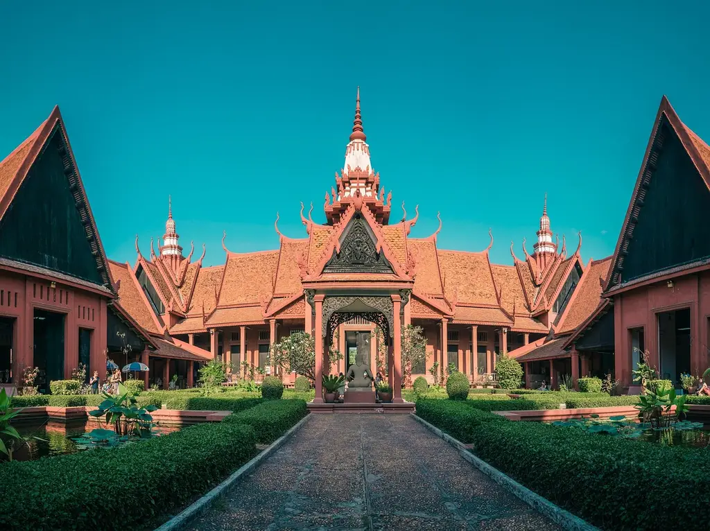 cambodia, phnom penh, national museum, nature, museum, courtyard, afternoon, sky, color, panoramic, building