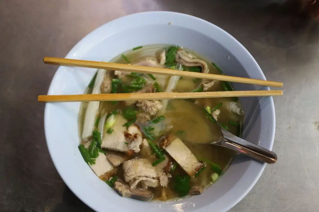 Authentic Asian noodle soup garnished with pork slices and green herbs, served with chopsticks.