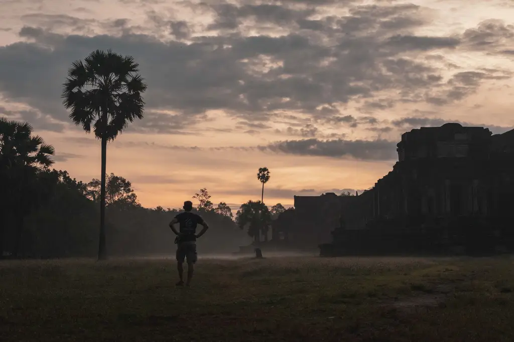 A man stands in silhouette near Angkor Wat at sunrise, surrounded by palm trees and atmospheric mist.