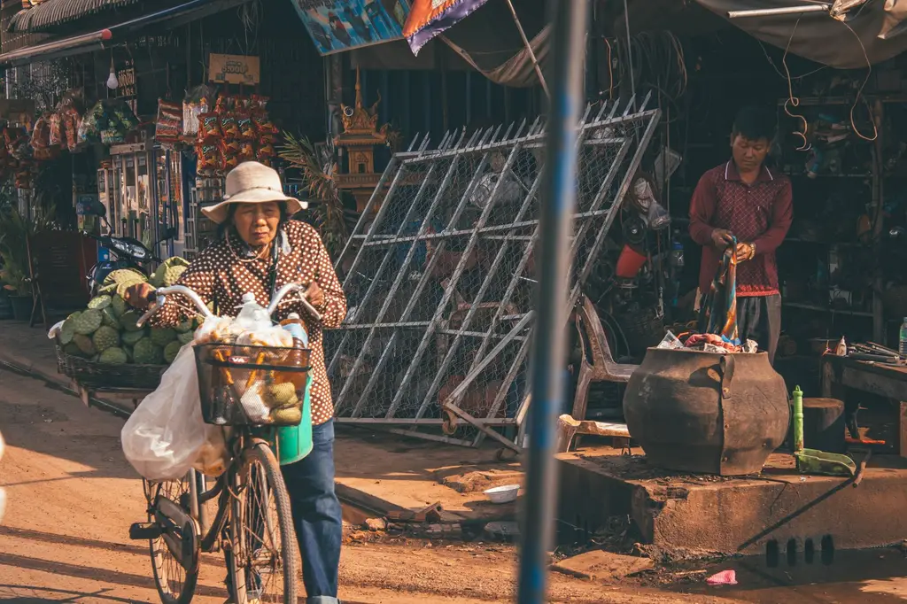Elderly woman selling fruits on a bicycle in Siem Reap market street, Cambodia.