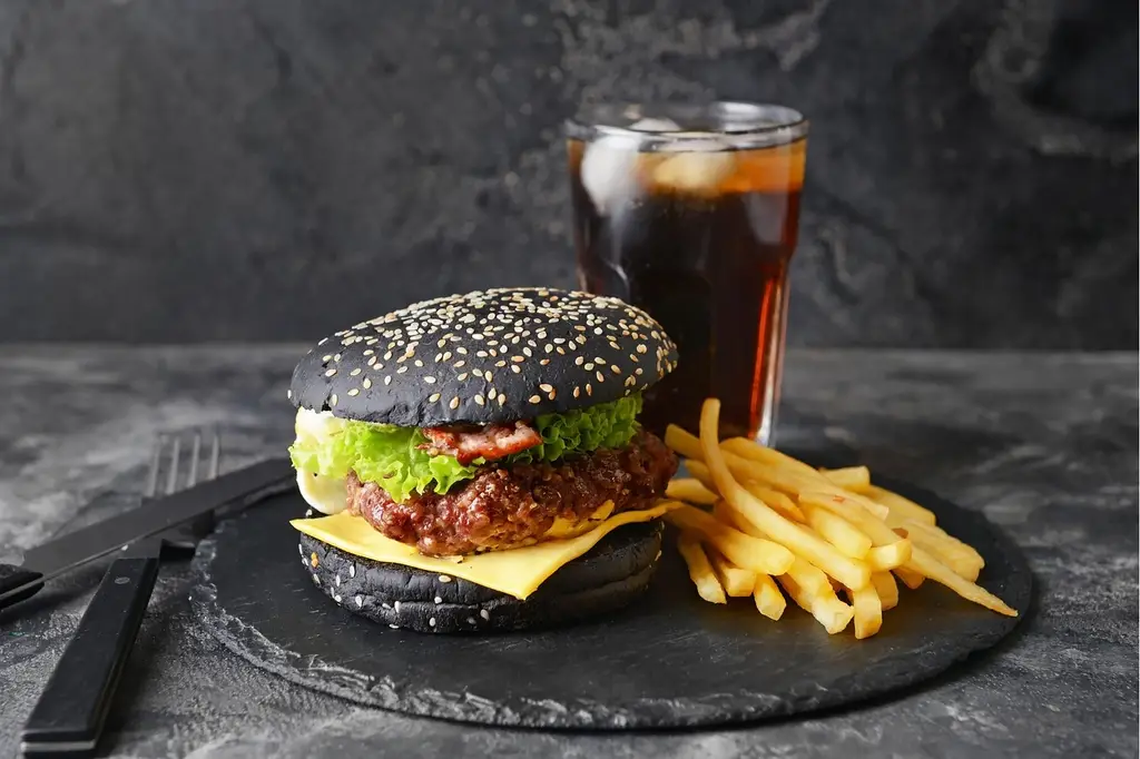food, burger, meal, dish, black, soft drink, dinner, restaurant, eating, bread