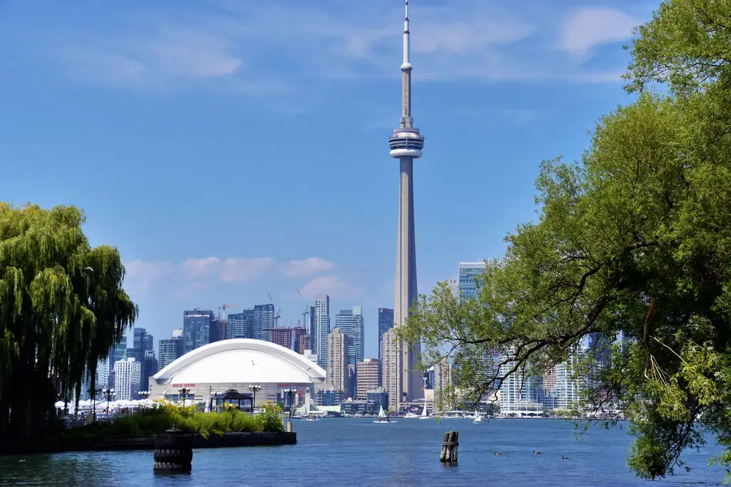 Vibrant Toronto skyline with CN Tower and Rogers Centre, viewed from a waterfront park on a sunny day.