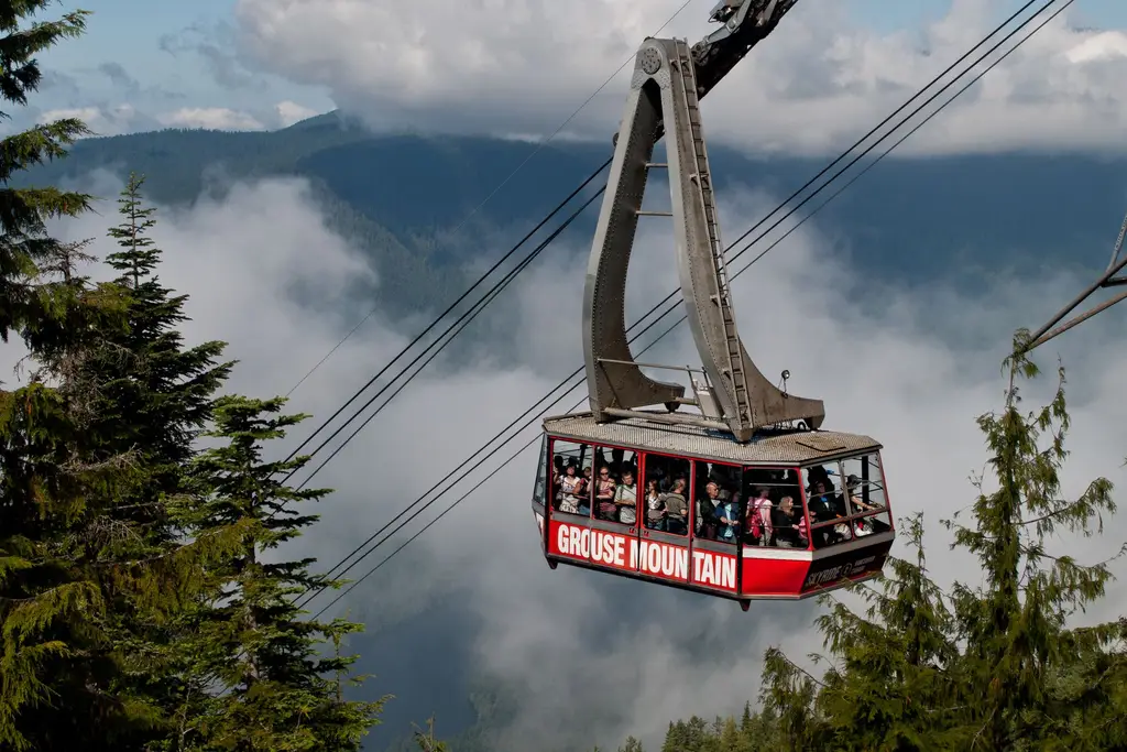 Stunning view of a cable car ascending Grouse Mountain in North Vancouver amidst lush greenery and fog.
