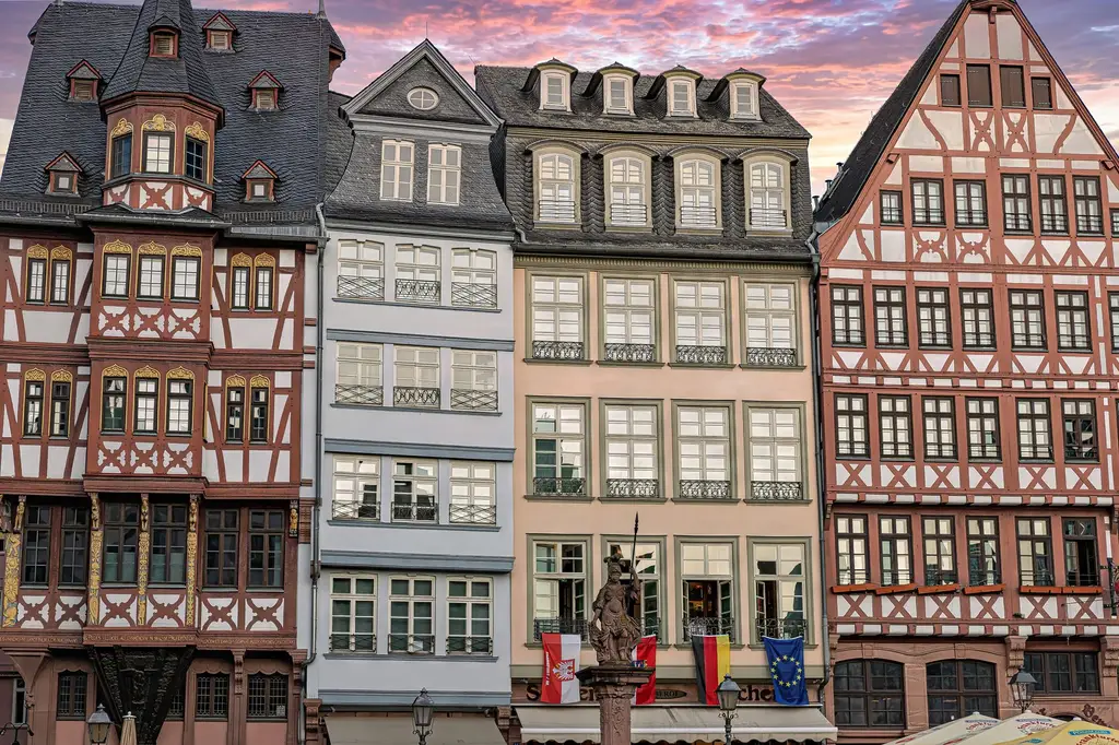 Capture of iconic half-timbered houses at Römerberg, Frankfurt's historic old town square.