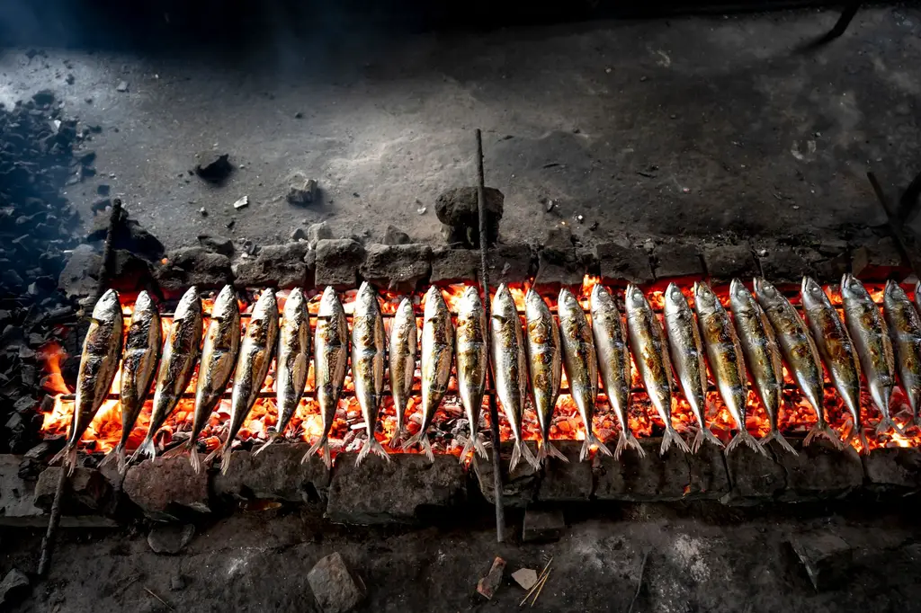 Grilled sardines cooking over a traditional charcoal fire pit. Smoky and savory.