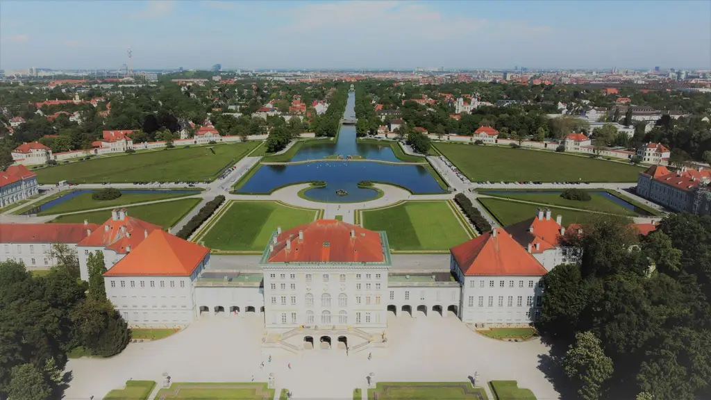 Stunning aerial view of Nymphenburg Palace, showcasing its gardens and architecture in Munich, Germany.