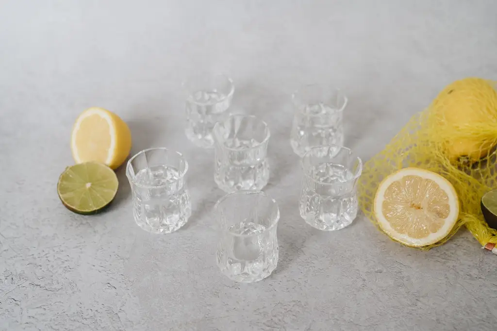 A flat lay of clear shot glasses with citrus fruits like lemons and limes on a textured grey surface.