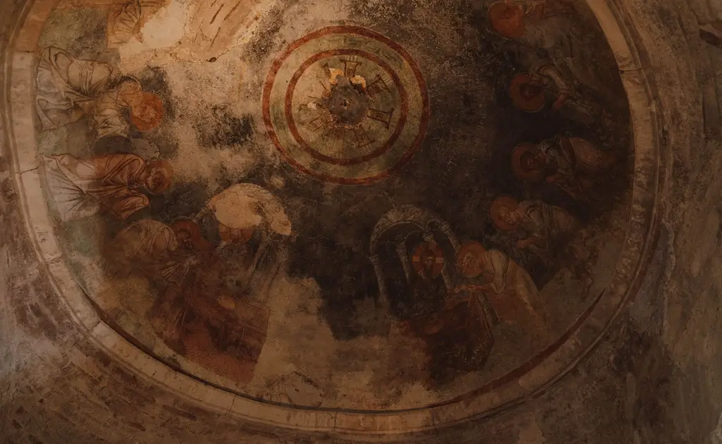Detailed frescoes on a historic church ceiling in Demre, Türkiye.