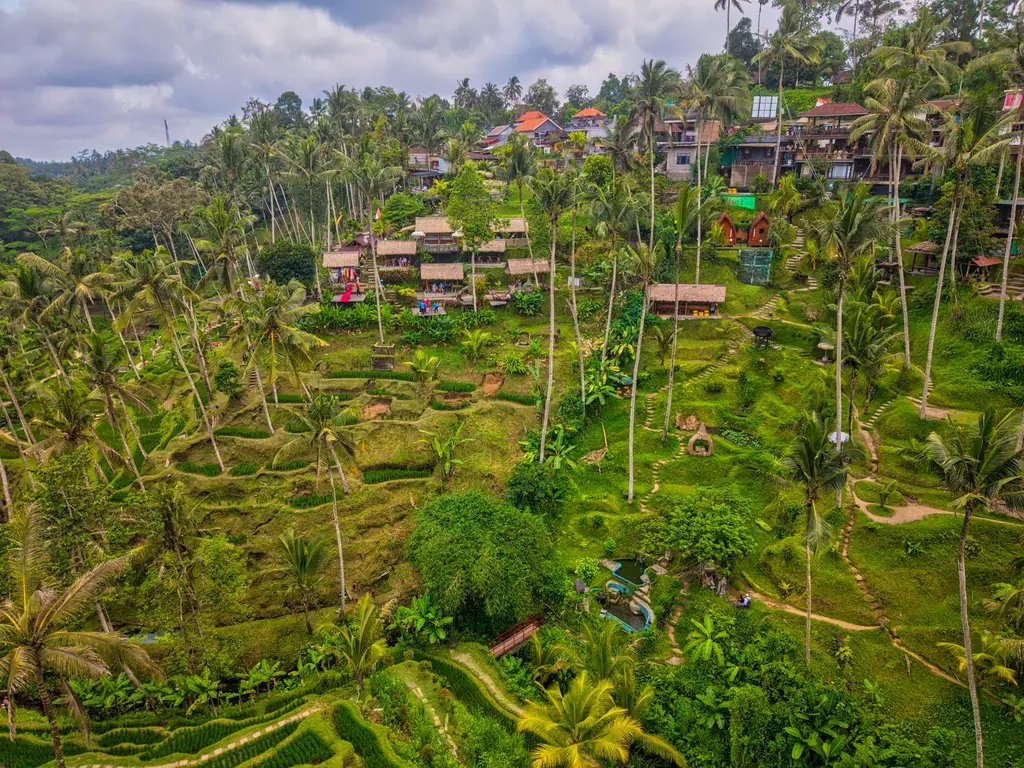 Stunning aerial view of Tegallalang Rice Terraces in Ubud, Bali, showcasing lush greenery and traditional huts.