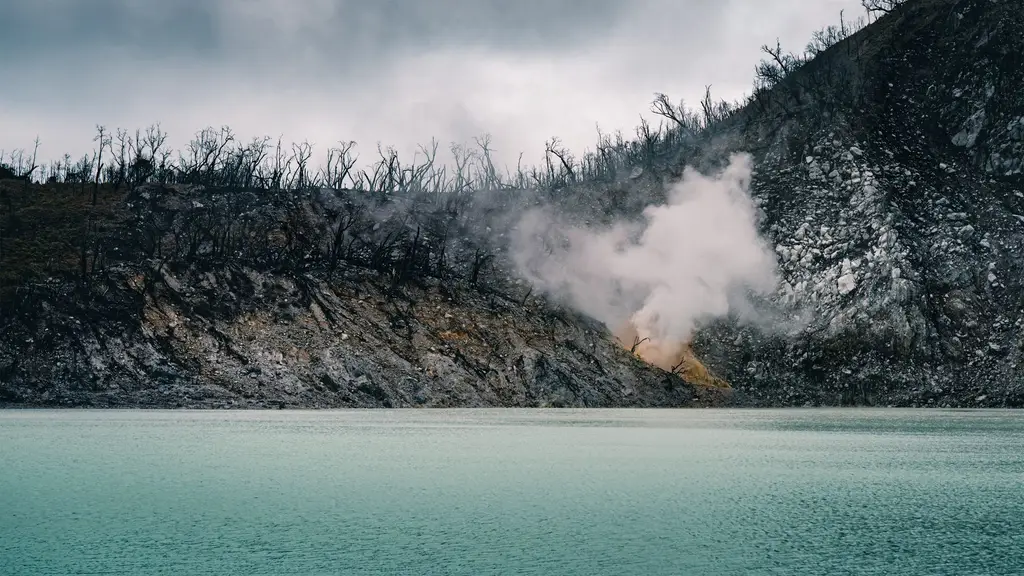 Stunning landscape of the Kawah Putih sulfur lake and crater, West Java, Indonesia.