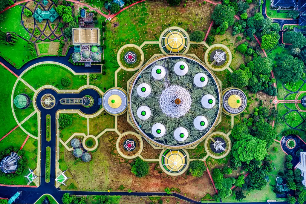Colorful aerial shot of Taman Mini Park's unique design in Jakarta, Indonesia.
