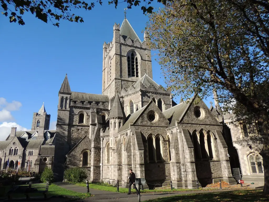 Gothic architecture of Christ Church Cathedral in Dublin on a sunny day.
