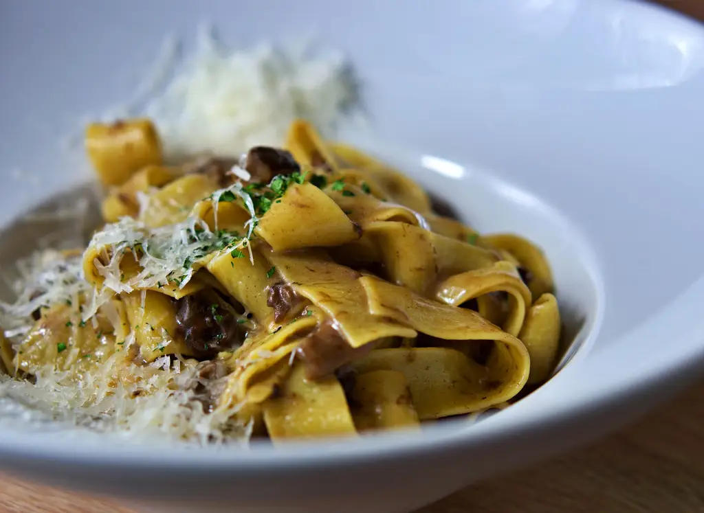 Close-up of pappardelle pasta topped with parmesan cheese and mushrooms, perfect for Italian cuisine lovers.