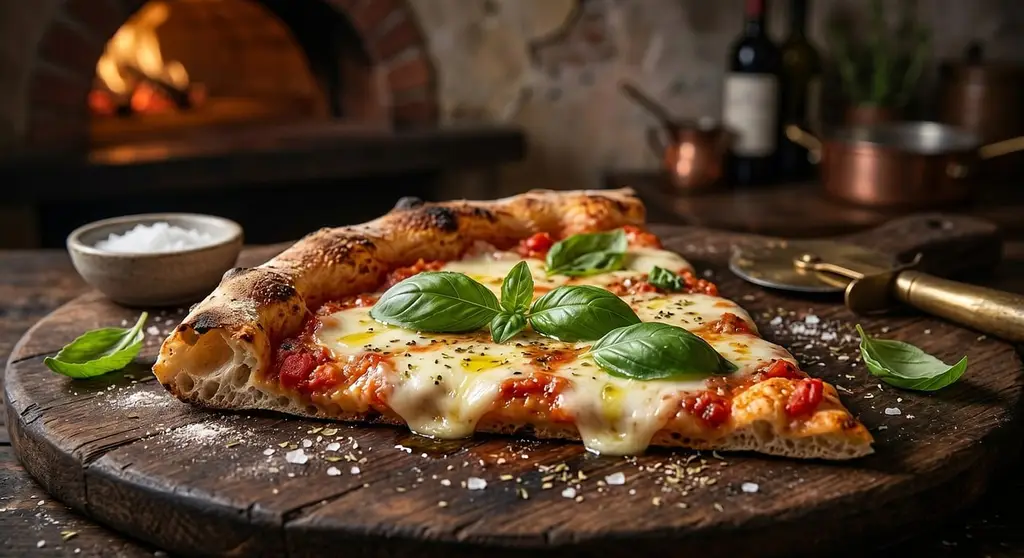 gourmet pizza, wood-fired pizza, neapolitan pizza, slice of pizza, melted mozzarella, tomato sauce, fresh basil leaves, olive oil drizzle, sea salt crystals, wooden serving board, pizza cutter, pizza oven background, log fire, rustic restaurant, italian food, classic margherita, crispy crust, garlic in background, copper pans, oven background