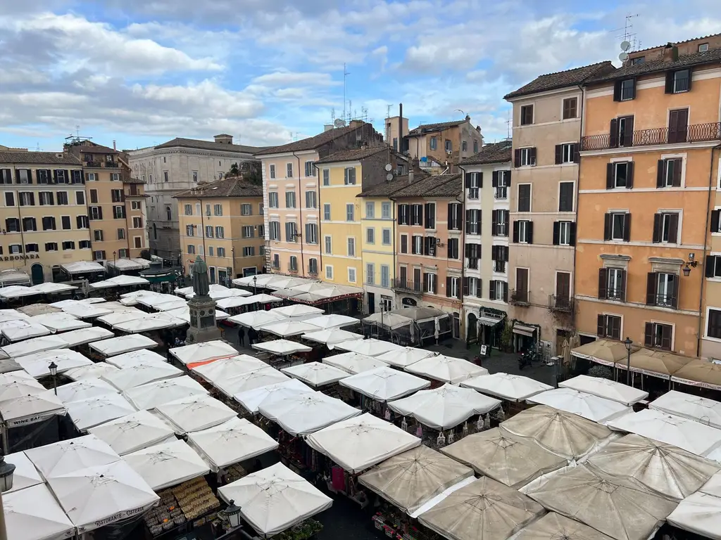 Aerial view of the bustling Campo de' Fiori market in Rome with colorful buildings and lively atmosphere.