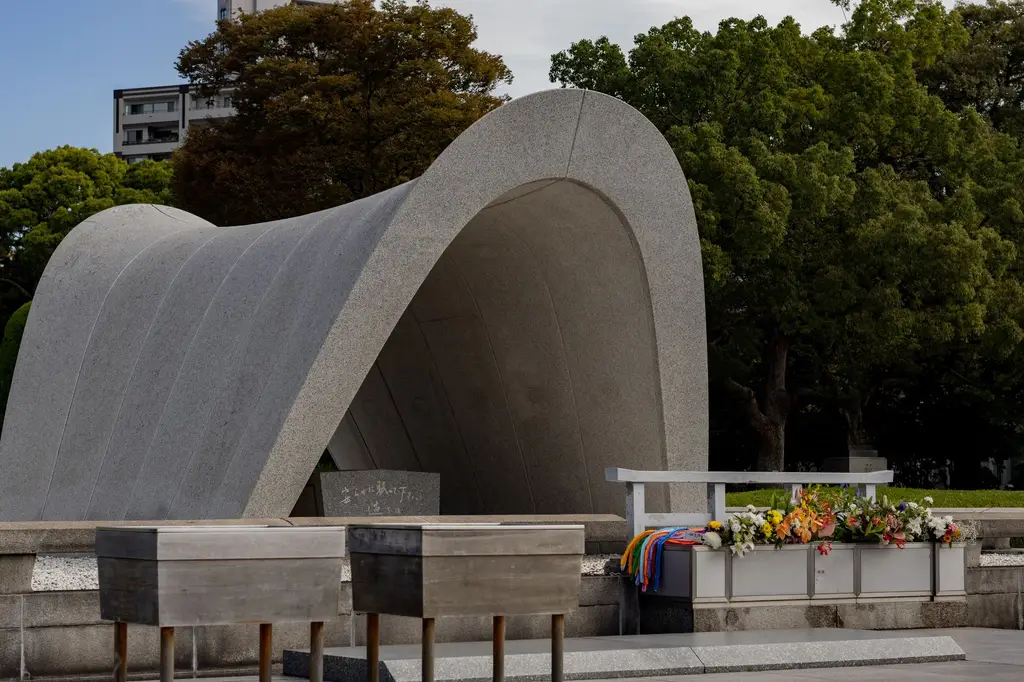 Beautiful view of the Hiroshima Peace Memorial Park featuring the Cenotaph, symbolizing peace and remembrance.