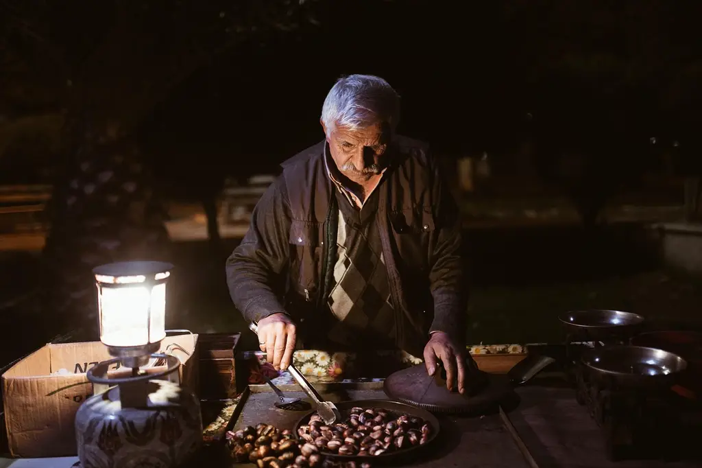 old man, night, chestnuts, peddler, street vendor, vendor, market, night market, elderly man, old man, old man, old man, old man, old man, market, market
