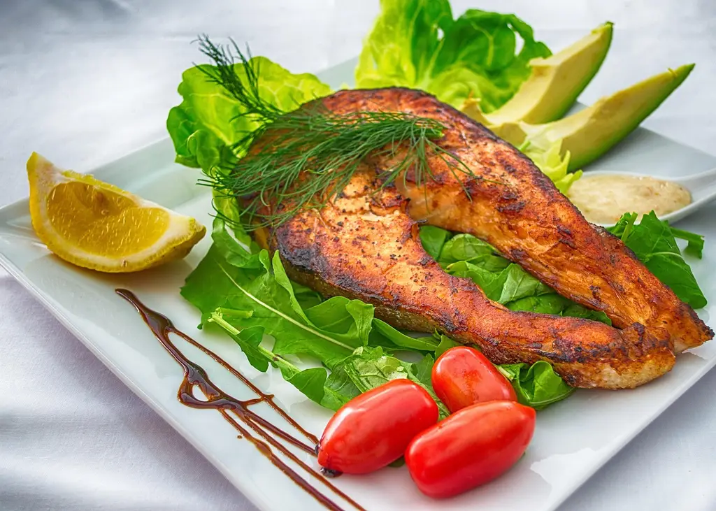 salmon, fish, grilled fish, grill, dish, gourmet, plate, white, avocado, lettuce, tomato, lemon, olive oil, balsamic, meal, food, delicious, dinner, cuisine, lunch, tasty, meat, cooked, seafood, healthy, restaurant, roasted, diet, vegetable, nature, prepared, steak, salad, fillet