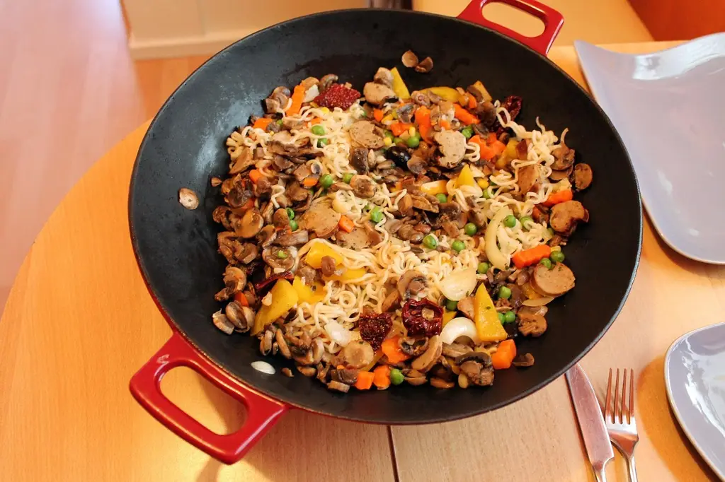 wok, cook, asian, pan, wok dish, noodles, peas, sausage, meal, paella, chinese, stir-fry, wok, wok, wok, wok, wok, paella, paella, paella, paella