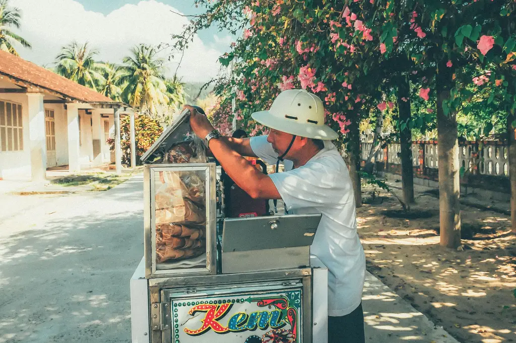 A street vendor with an ice cream cart under tropical trees on a sunny day.