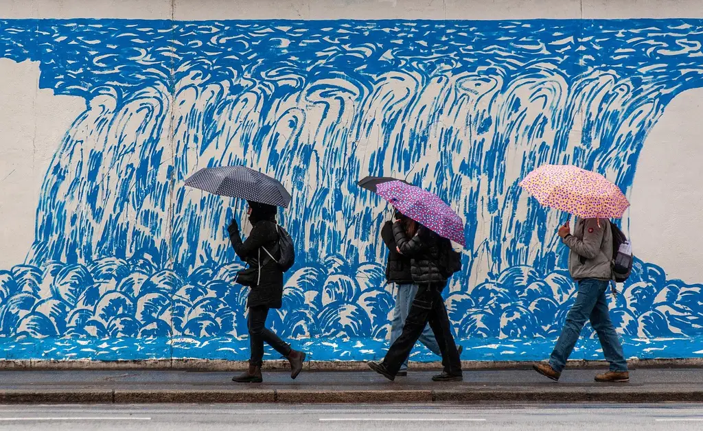 umbrellas, people, wall, road, rain, graffiti, water, nature, mural, street photography, people walking, rainy day
