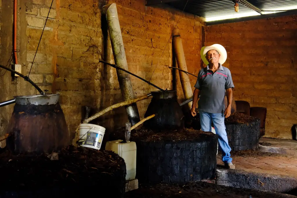 A worker in a traditional mezcal distillery in Oaxaca, showcasing artisanal production methods.