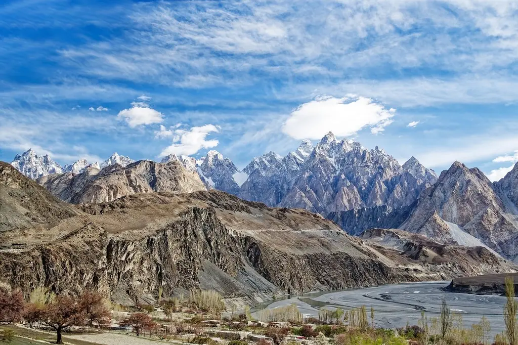 mountains, sky, river, glacier, balistan, clouds, hunza river, passu cones, landscape, karakorum, pakistan, batura, karakoram mountains, rock formations, snow, gojal, nature, mountain peaks, canyon, trees