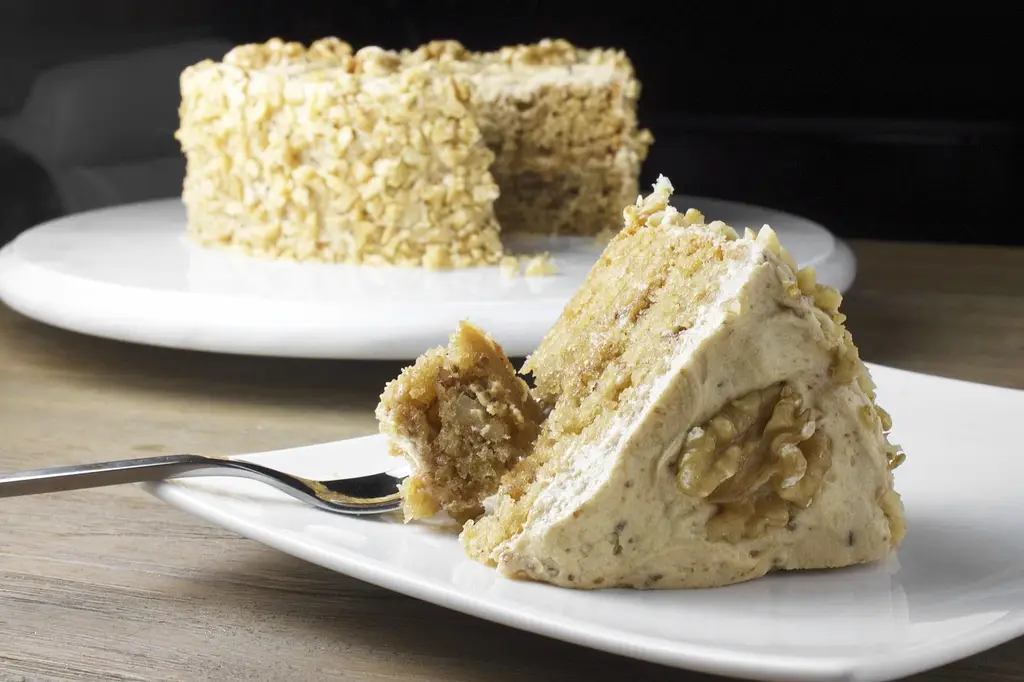 cake, maple, walnut, sweet, dessert, homemade, slice, happy birthday, baking, piece, plate, brown birthday, brown cake, brown dessert