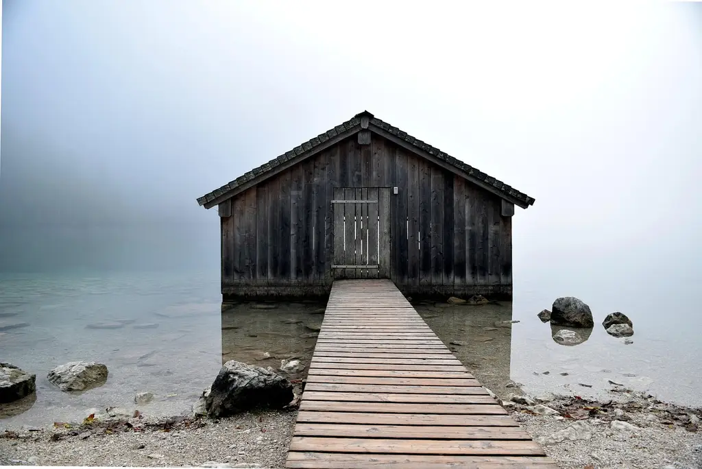mountain lake, water, hut, fog, stones, mystical, nature, lake, landscape, reflection, hut, hut, hut, hut, hut, lake