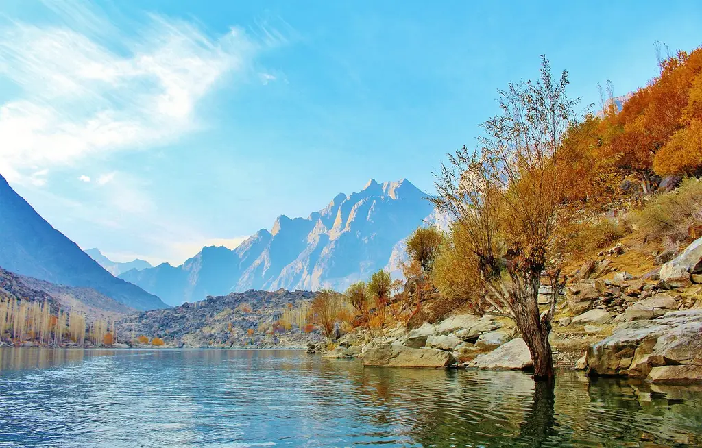 tree, lake, pakistan, nature, landscape, forest, travel, autumn, hill, valley, rock, peak, water, yellow, asia, adventure, colorful, mountains, karakorum, blue, upper kachura lake, skardu, indus river, shangrila lake, blue forest, blue river, blue rock, blue lake, pakistan, pakistan, pakistan, pakistan, pakistan
