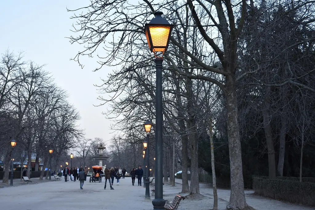 madrid, park, lights, europe, outdoor, urban, retiro, city, spain, cityscape, nature, exterior