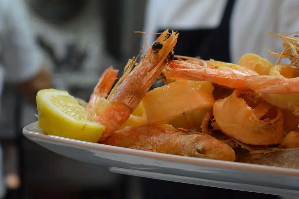food, dish, seafood, fried shrimp, fried calamari, fried squid, nature, fried fish, lemon, meal, fried, shrimp, squid, fish, salmon, healthy, cuisine, tasty, delicious