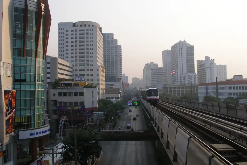 Bangkok skyline at sunset, BTS Skytrain, Bangkok, Thailand