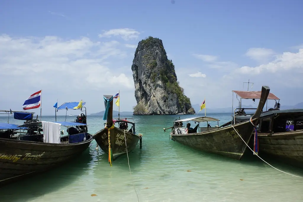 thailand, longtail boats, beach, island, tropical, nature, andaman, krabi, holiday, coast, shore, boat, sea, longtail