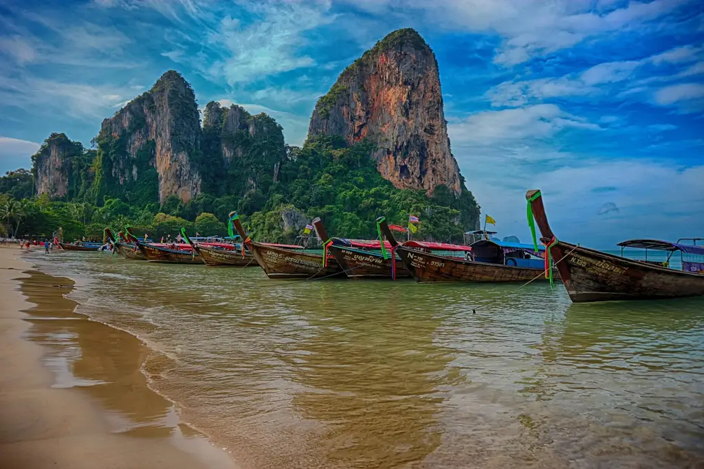 beach, nature, railay, thailand, paradise, boat, ocean, sea, sky, krabi, travel