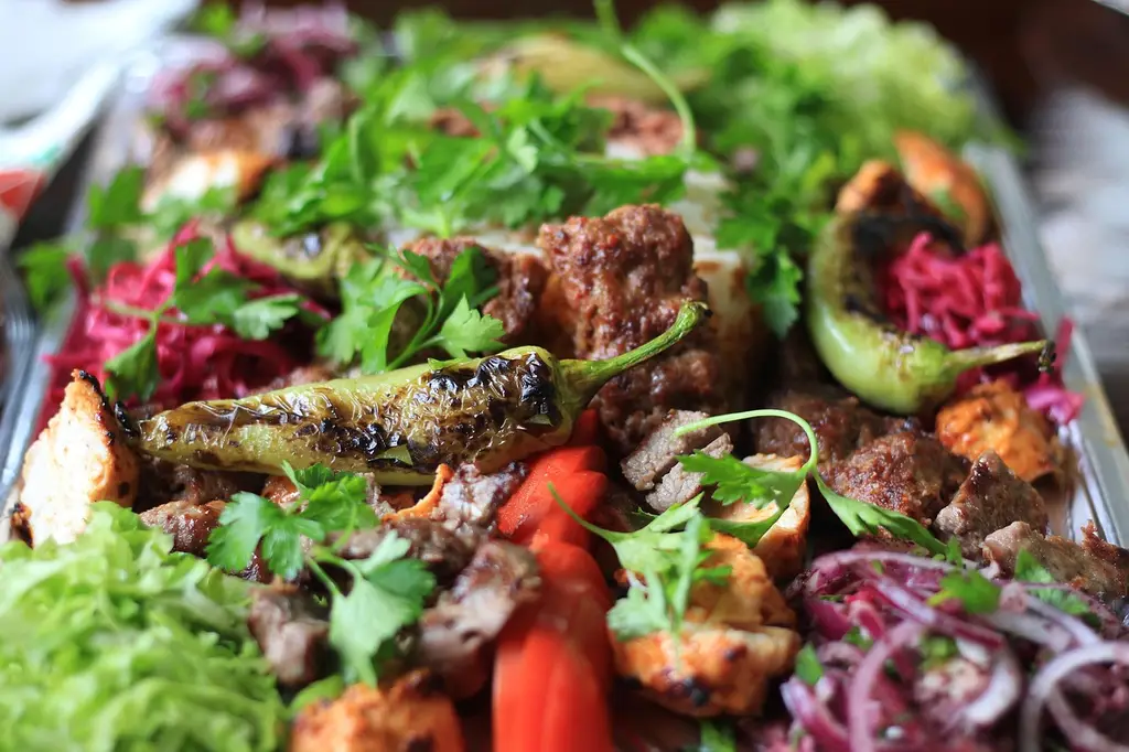 food, restaurant, kebab, turkish, lamb skewer, hot peppers, salad, close up, fresh, kebab, kebab, kebab, kebab, kebab