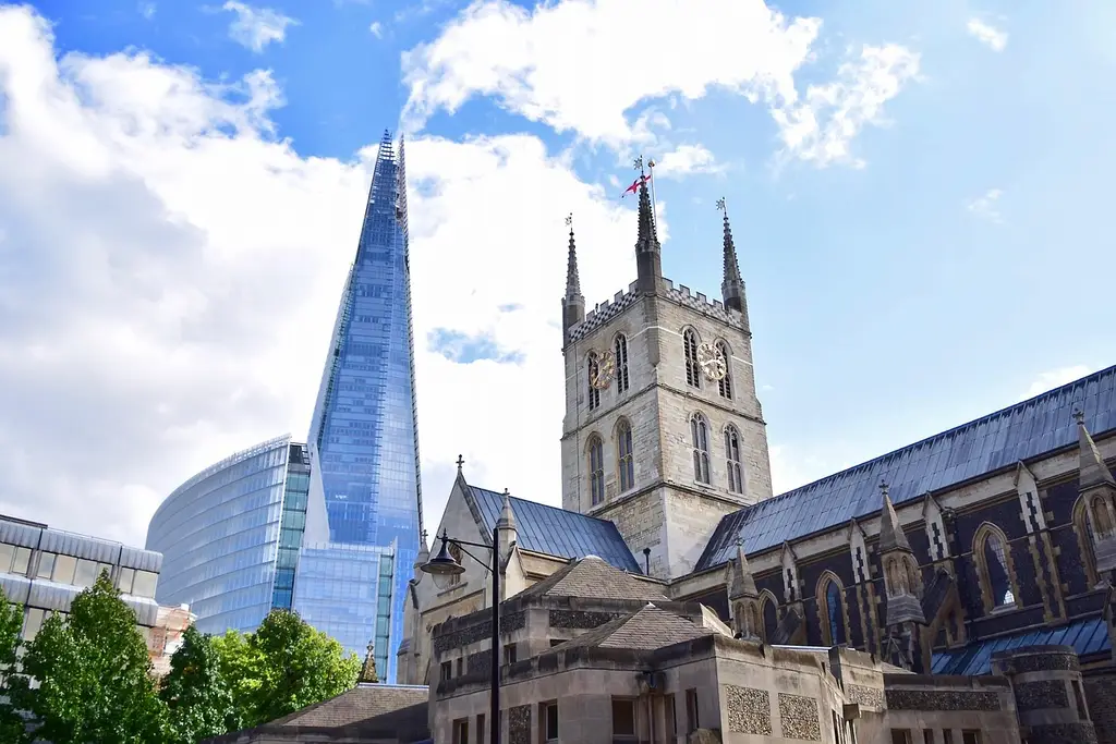 blue sky, borough market, clock tower, clouds, flag, glass, high rise, the shard, skyscraper, nature, southwark cathedral, tourist attraction, tower, trees, windows, buildings, architecture, landmark, church, london, blue clock, blue market