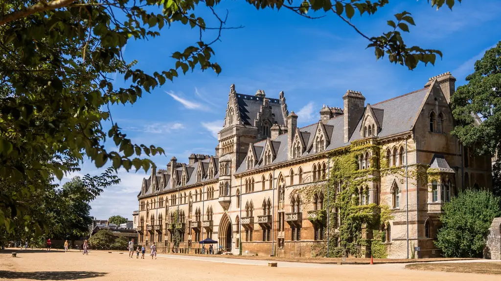Iconic architectural view of Christ Church College in Oxford on a sunny day. Vibrant and historical setting.