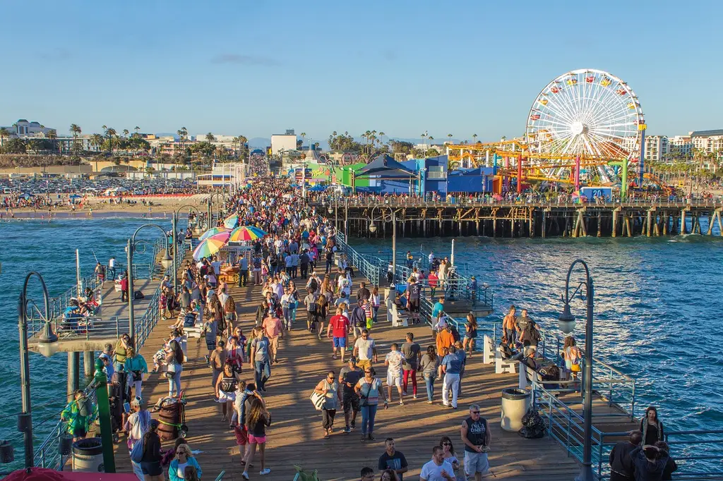 santa monica pier, nature, people, busy, ferriswheel, beach, los angeles