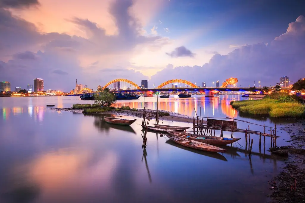 dragon bridge, da nang, vietnam, sunset, river, boats, city, lights, water, nature, urban, dusk