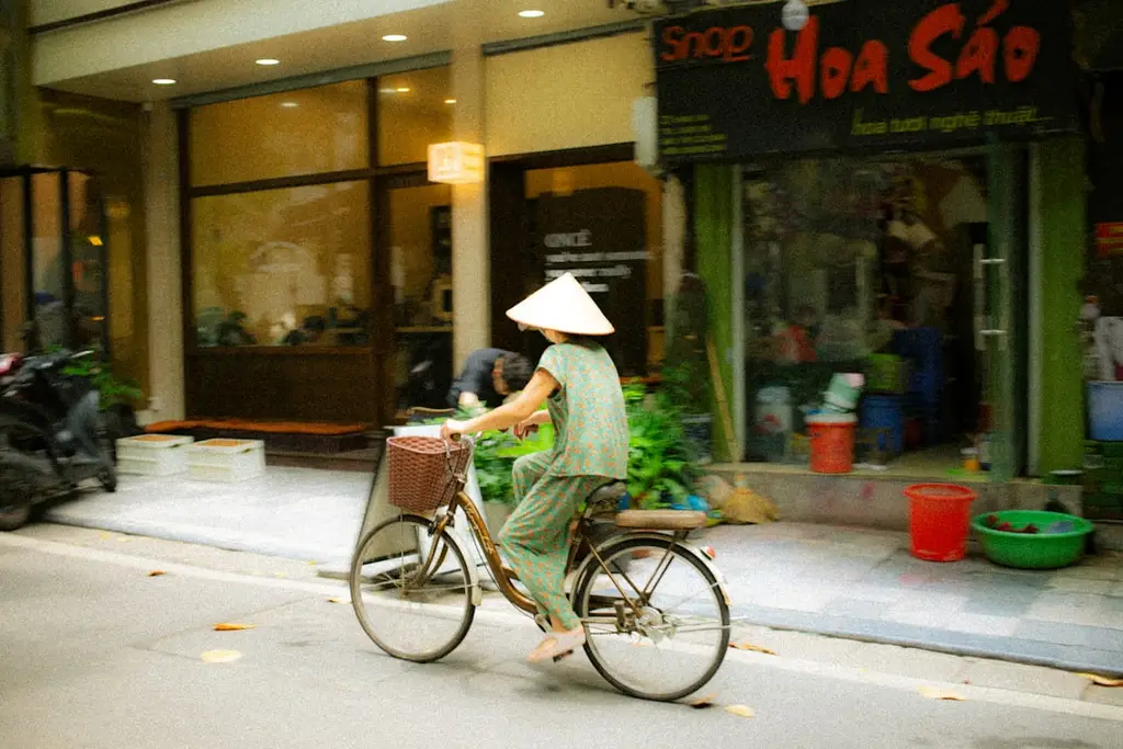 Woman in conical hat rides bicycle down street